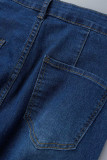 Dark Blue Casual Solid Patchwork High Waist Regular Denim Jeans
