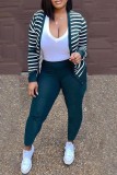 Ink Green Casual Striped Print Cardigan Pants Long Sleeve Two Pieces
