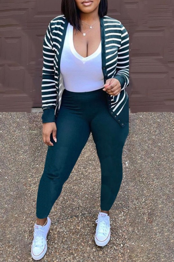Ink Green Casual Striped Print Cardigan Pants Long Sleeve Two Pieces