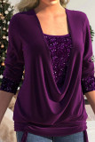 Blue Casual Solid Sequins Patchwork Asymmetrical Collar Tops