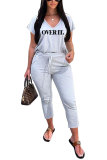 Grey Fashion Casual adult Letter Patchwork Print Two Piece Suits pencil Short Sleeve Two Pieces