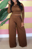 Coffee Casual Striped Print Patchwork O Neck Long Sleeve Two Pieces