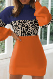 Tangerine Red Casual Print Patchwork O Neck One Step Skirt Dresses