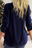 Navy Blue Casual Solid Sequins Patchwork Asymmetrical Collar Tops