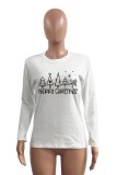 White Casual Print Basic O Neck Tops