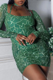 Green Sexy Print Patchwork Halter Pencil Skirt Dresses