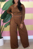Coffee Casual Striped Print Patchwork O Neck Long Sleeve Two Pieces