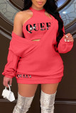 Pink Sexy Print Patchwork V Neck Long Sleeve Two Pieces