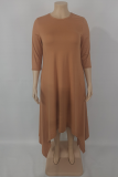 Brown Casual Solid Patchwork O Neck Irregular Dress Plus Size 