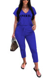 Royal blue Fashion Casual adult Letter Patchwork Print Two Piece Suits pencil Short Sleeve Two Pieces