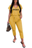 Yellow Fashion Casual adult Letter Patchwork Print Two Piece Suits pencil Short Sleeve Two Pieces
