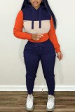 Blue Casual Patchwork Contrast Hooded Collar Long Sleeve Two Pieces