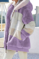 Purple Casual Street Striped Print Patchwork Zipper Hooded Collar Outerwear