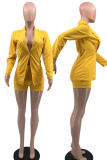 Yellow Street Solid Bandage Turndown Collar Long Sleeve Two Pieces