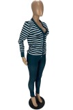 Ink Green Casual Striped Print Cardigan Pants Long Sleeve Two Pieces