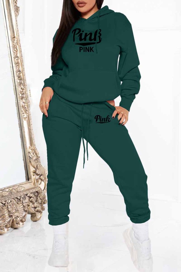 Ink Green Street Print Letter Hooded Collar Long Sleeve Two Pieces