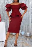 Burgundy Sexy Formal Solid Patchwork Slit Off the Shoulder Evening Dress Dresses