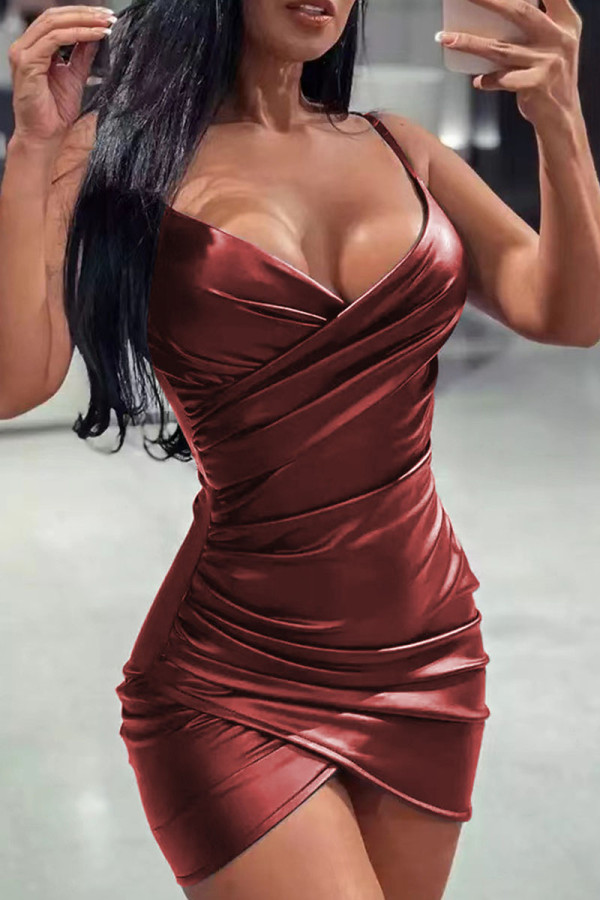 Burgundy Sexy Solid Patchwork Asymmetrical Spaghetti Strap Sling Dress Dresses