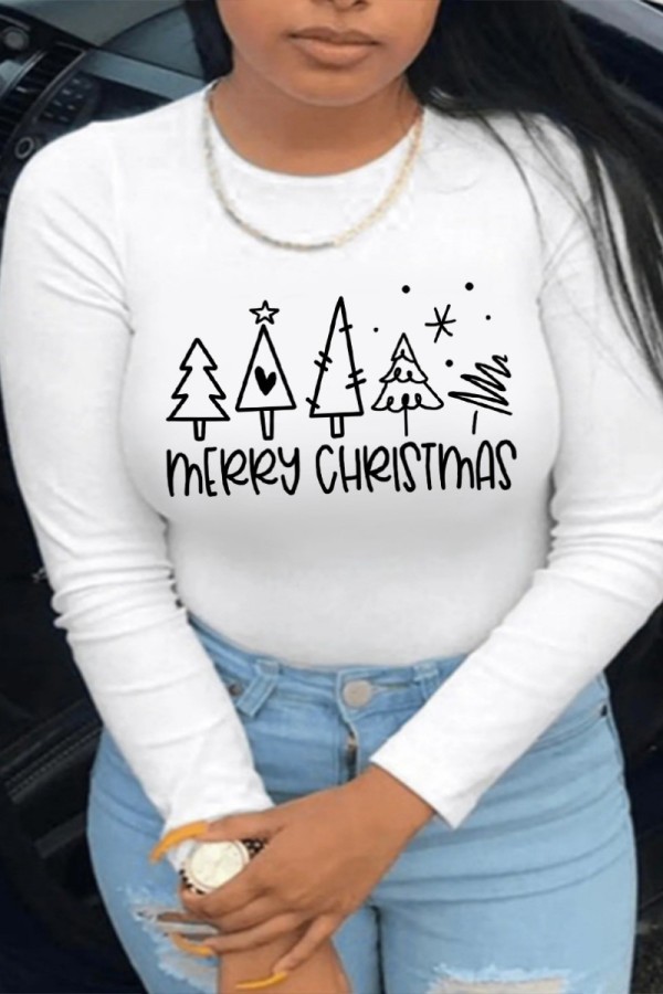 White Casual Print Basic O Neck Tops