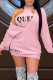 Pink Sexy Print Patchwork V Neck Long Sleeve Two Pieces