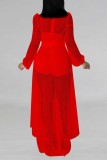 Red Sexy Casual Solid Patchwork See-through V Neck Regular Rompers