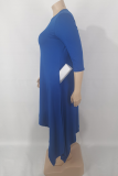 Blue Casual Solid Patchwork O Neck Irregular Dress Plus Size 