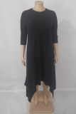 Brown Casual Solid Patchwork O Neck Irregular Dress Plus Size 