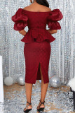 Burgundy Sexy Formal Solid Patchwork Slit Off the Shoulder Evening Dress Dresses