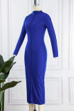 Royal Blue Casual Solid Patchwork Half A Turtleneck Long Sleeve Dresses
