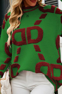 Green Casual Patchwork O Neck Tops