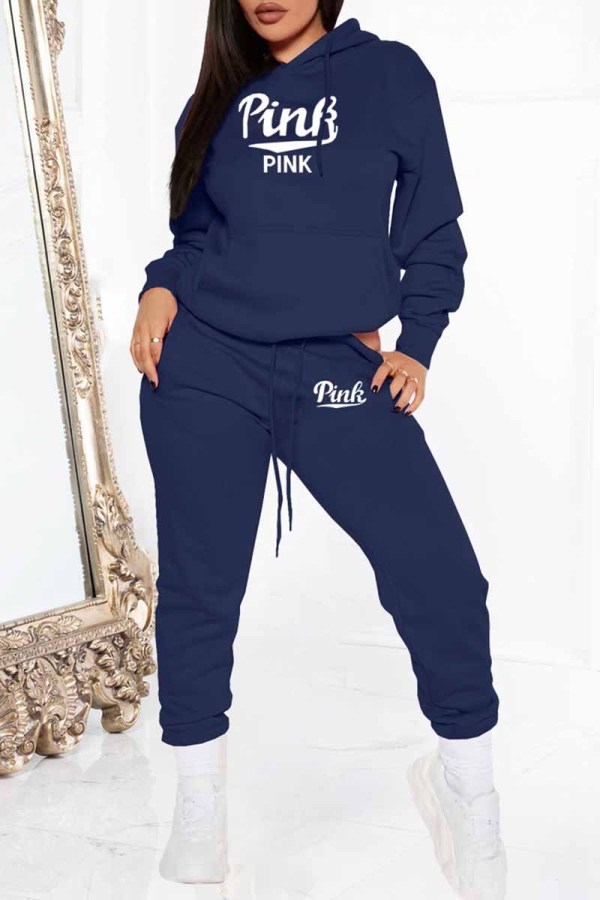 Navy Blue Street Print Letter Hooded Collar Long Sleeve Two Pieces