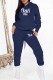 Navy Blue Street Print Letter Hooded Collar Long Sleeve Two Pieces
