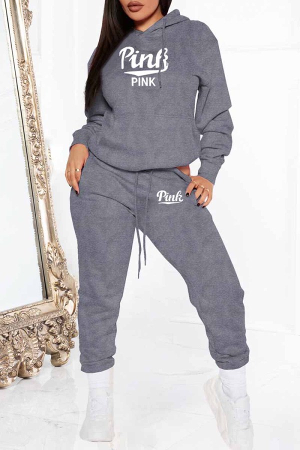 Dark Gray Street Print Letter Hooded Collar Long Sleeve Two Pieces
