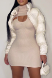 Skin Color Sexy Solid Hollowed Out Half A Turtleneck Long Sleeve Two Pieces