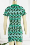 Green Sexy Print Draw String Turndown Collar Pencil Skirt Dresses