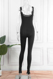 Black Sexy Solid Hollowed Out Square Collar Skinny Jumpsuits