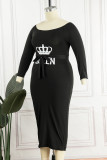 Black Casual Letter Print With Belt Off the Shoulder One Step Skirt Plus Size Dresses