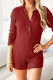 Red Casual Solid Patchwork Buckle Turndown Collar Skinny Rompers