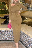 Coffee Casual Solid Hollowed Out Patchwork O Neck One Step Skirt Dresses