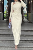 Coffee Casual Solid Hollowed Out Patchwork O Neck One Step Skirt Dresses