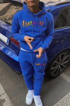 Royal Blue Street Print Draw String Hooded Collar Long Sleeve Two Pieces