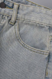 Blue Sexy Street Solid Patchwork Buckle High Waist Denim Jeans