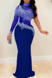 Blue Sexy Formal Patchwork Hot Drilling See-through Turtleneck Evening Dress Dresses
