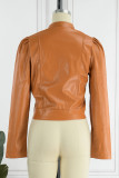 Dark Brown Casual Solid Patchwork Zipper Collar Outerwear