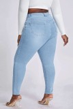 Deep Blue Casual Solid Patchwork Plus Size Jeans
