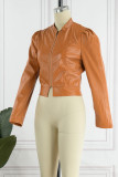 Dark Brown Casual Solid Patchwork Zipper Collar Outerwear