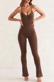 Dark Brown Sportswear Solid Patchwork Backless Slit Spaghetti Strap Skinny Jumpsuits