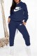 Navy Blue Street Print Letter Hooded Collar Long Sleeve Two Pieces