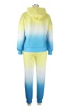 Yellow Blue Casual Gradual Change Print Basic Hooded Collar Long Sleeve Two Pieces