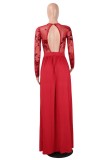 Red Sexy Formal Patchwork Sequins See-through Slit O Neck Evening Dress Dresses